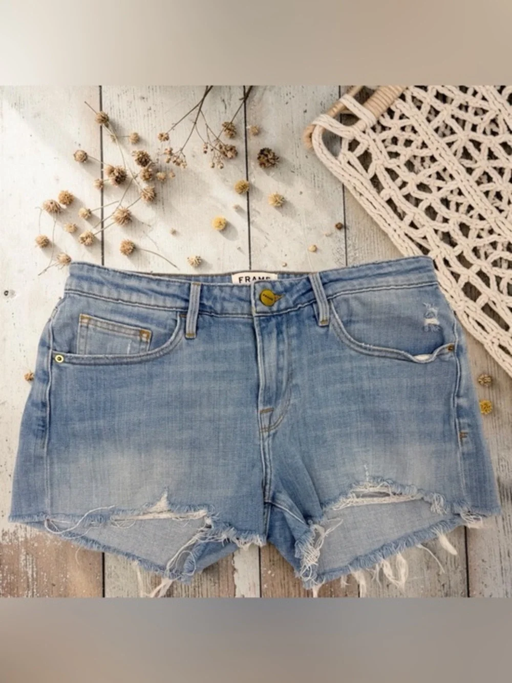 Frame Denim Shredded Raw-Edge Denim Shorts in Hurrah 26